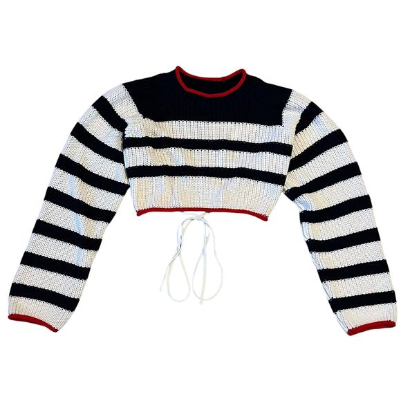 NWT Zara Navy/White Stripe Crop Open Back Tie Waist Knit Sweater Size Large - Picture 1 of 6